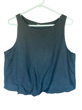 Italian Linen, Cotton Blend Lined Cropped Tank Top, Elastic Billowy Hem Black Lg